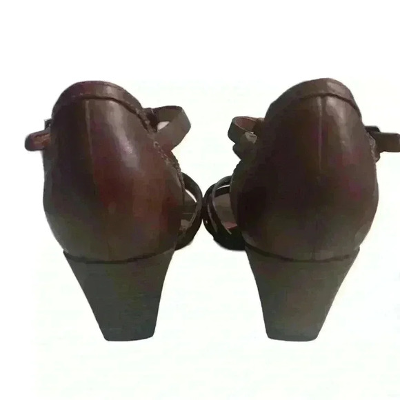 Clarks Ladies BROWN Leather Cork Wedge High Heals T-Strap Slingback Sandals Sz 6 - Picture 4 of 5